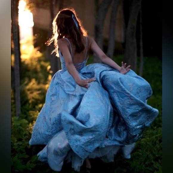 READ CAPTION Sherri Hill blue brocade prom dress style # 53328 - Picture 3 of 4